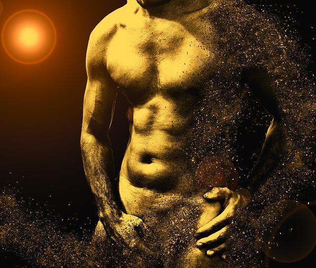 Zlaté nahé telo muža, z ktorého odlietajú kúsky.jpg